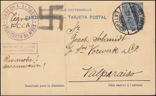 Argentinien Ganzsache Postkarte 5 Cent. BUENOS AIRES 29.10.1920 nach Valparaiso