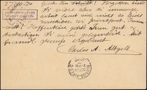 Argentine Carte postale complète 5 cent. BUENOS AIRES 29.10.1920 vers Valparaiso