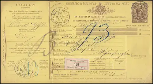 Italien Paketkarte AP 9 König Humbert I. 1,75 L. MILANO 13.3.1891 nach ELBERFELD