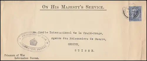 Poste de prisonniers de guerre ON HIS MAJESTY'S SERVICE Lettre Lodon à la Croix-Rouge Genève