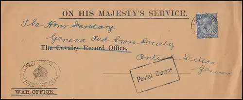 1. Weltkrieg WAR OFFICE - ON HIS MAJESTY'S SERVICE Brief FINSBURY nach Italien