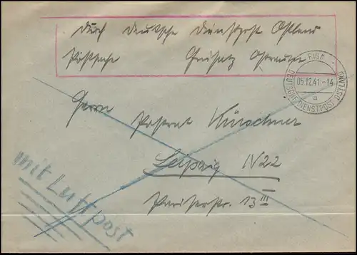 Poste de service allemand Ostland Riga Lettre RIGA 5.12.1941 à Leipzig