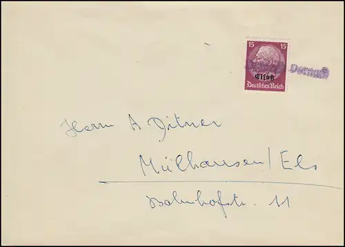 Elsaß 7 Hindenburg 15 Pf mit Aufdruck auf Brief mit Landpost-Stempel Vernoy