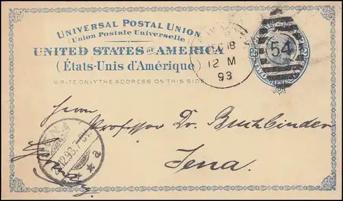 Etats-Unis entier carte postale 2 cents avec DUP NEW YORK 54 - 18.12.93 vers JENA 29.12.