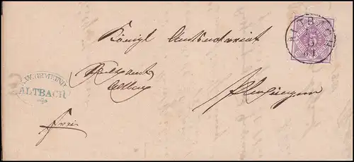 Wurtemberg marque de service 101, paragraphe 5, lettre Pf. ALTERBACH 20.5.1881 vers PLOCHINGEN