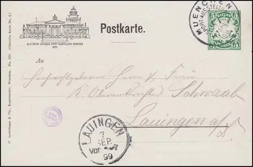 Bayern Privatpostkarte PP 1 Sportausstellung 1899, passender SSt MÜNCHEN 6.9.99