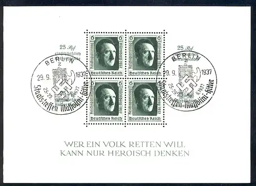 Block 11 Parteitag mit Sonderstempel Staatstreffen Mussolini - Hitler 29.9.1937