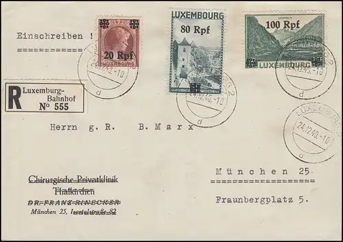 Luxemburg 25+31+32 Aufdrucke R-Brief Luxemburg-Bahnhof 24.12.40 nach München