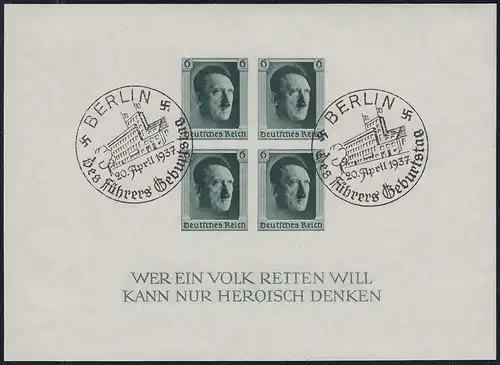 Bloc 8 Hitler, UNGESTEHN, Stampon d'anniversaire spécial SST Berlin 20.4.1937