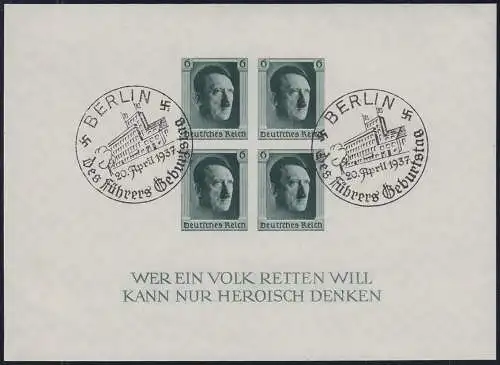 Bloc 8 Hitler, UNGESTEHN, Stampon d'anniversaire spécial SST Berlin 20.4.1937