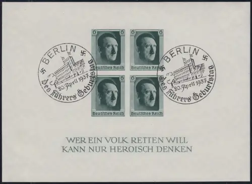 Block 8 Hitler, UNGEZÄHNT, Geburtstags-Sonderstempel SST Berlin 20.4.1937
