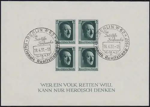 Block 8 Hitler, UNGEZÄHNT, Ausstellungs-Sonderstempel SST Berlin 18.4.1937