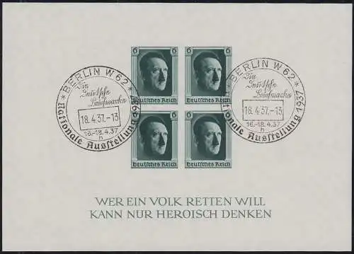 Block 8 Hitler, UNGEZÄHNT, Ausstellungs-Sonderstempel SST Berlin 18.4.1937