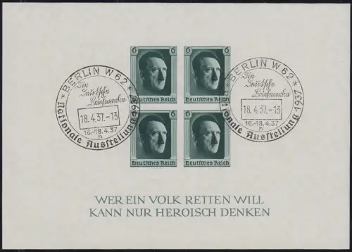 Block 8 Hitler, UNGEZÄHNT, Ausstellungs-Sonderstempel SST Berlin 18.4.1937