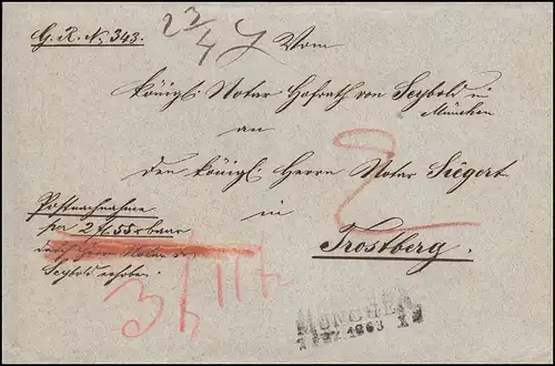 Bayern austaxierte Briefhülle Zweizeiler MÜNCHEN 3.DEZ.1863 nach Trostberg