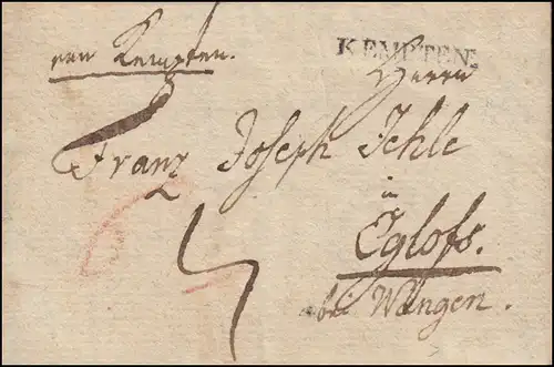 Bayern Vorphilatelie Blickbrief 10.11.1827 Emmöfer KEMPTEN vers Eglofs / Wangen