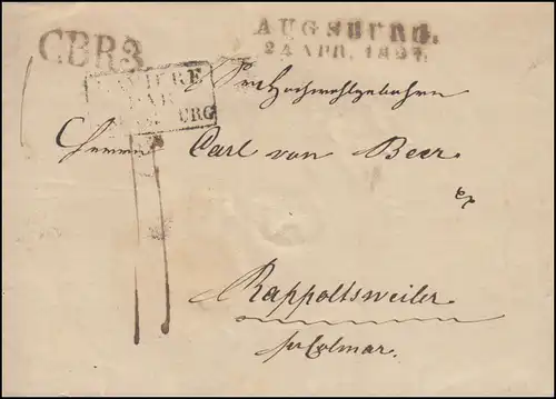 Bayern Vorphilatelie Faltbrief Zweileiler AUGSBURG 14.4.1827 mit Stempel CBR3