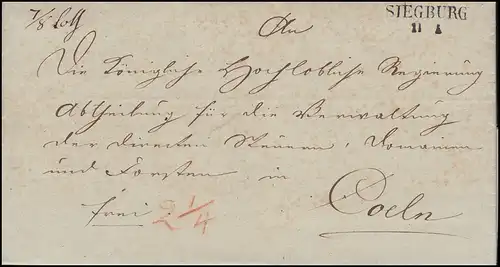 Prusse préphilatelie Lettre de dépliateur SieGBURG 11.1. selon CÖLN 12.1.1837