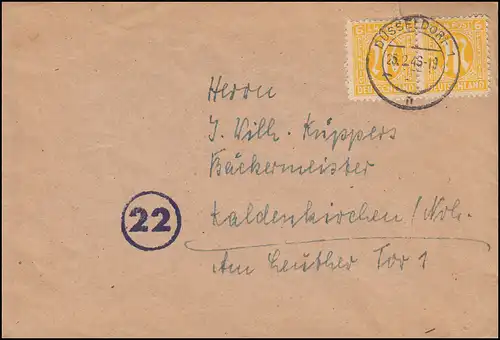4 AM-Post 6 Pf. im Paar als MeF Brief DÜSSELDORF 25.2.1946 nach Kaldenkirchen
