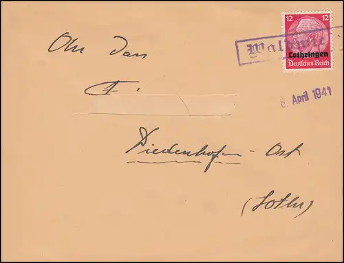 Landpost-Stempel Waldwiesen auf Brief Hindenburg-Aufdruck EF Einzeiler 6.4.1941