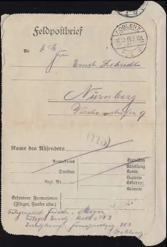 Cours de téléphonie mobile COBLENZ 12.12.1915 vers Nuremberg