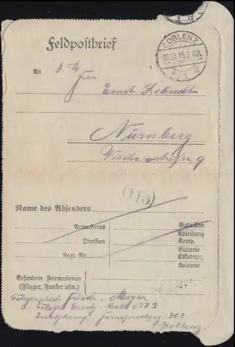 Feldpost Fernsprechlehrgang COBLENZ 12.12.1915 nach Nürnberg