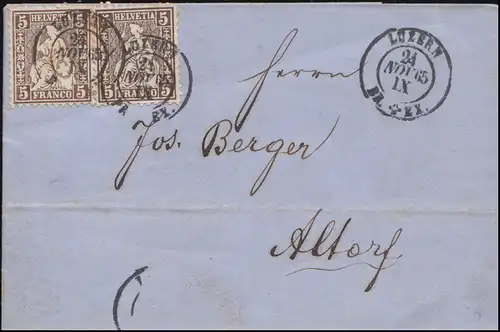 Schweiz 22 Sitzende Helvetia als MeF Faltbrief LUZERN 24.11.1865 nach Altdorf