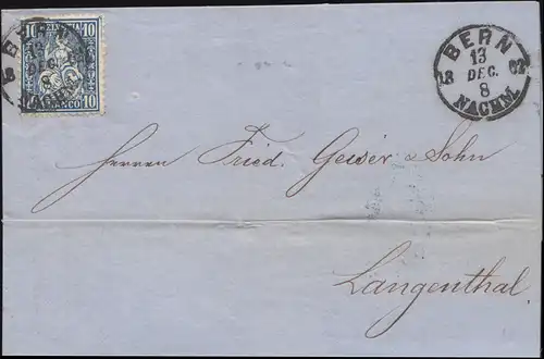 Suisse 23 Helvetia assise BRN 13.12.1862 vers LANGENTHAL 14.12.62