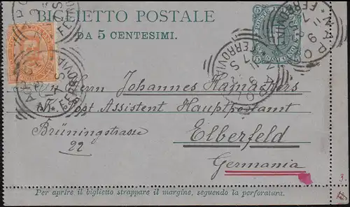 Italie Lettre de carte K 4 avec la fonction complémentaire NAPOLI 9.11.1892 n. ELBERFELD 11.11.