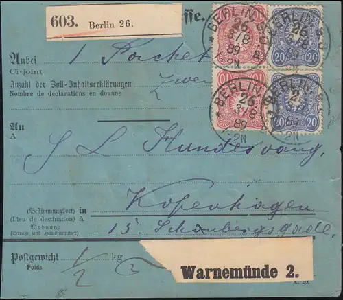 41+42 Freimarken PFENNIG auf Paketkarte BERLIN 3.8.89 nach KOPENHAGEN 5.8.