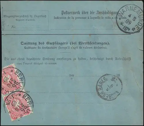 41+42 francs PFENNIG sur le paquet BERLIN 3.8.89 vers COPENHAGEN 5.8.