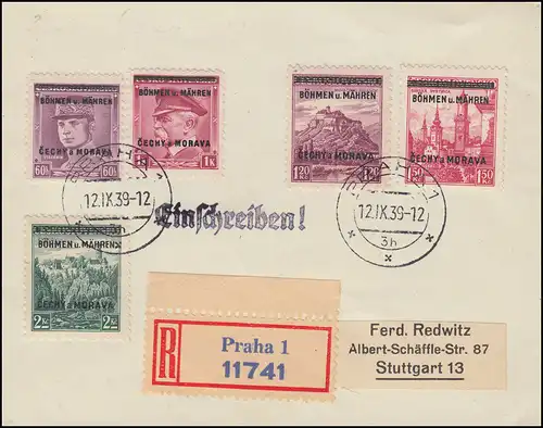 Böhmen und Mähren 8+10+11+12+14 Aufdruck-Marken R-Brief PRAG / PRAHA 12.9.1939