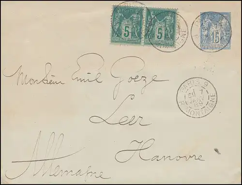 Frankreich Umschlag U 2 Handel und Frieden mit Zusatzfrankatur PARIS 7.1.1889
