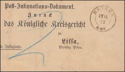 Portofreie Justizsache Zustellungsurkunde REISEN 17.10.72 an Kreisgericht Lissa