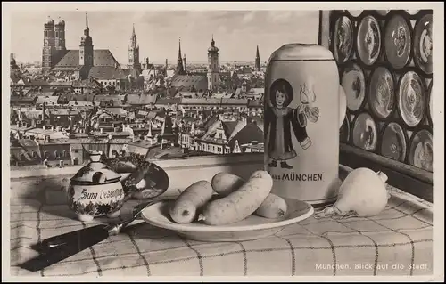 Ansichtskarte München - Blick auf die Stadt mit typischem Menü, 25.7.1935