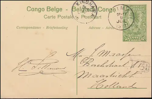 Congo Belgique Carte postale 5 cent. Palmes: route principale Matadi, BIMA / BOMA 9.7.19