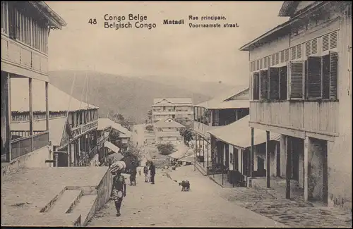 Belgisch Kongo Postkarte 5 Cent. Palmen: Matadi Hauptstraße, DIMA 9.7.1917