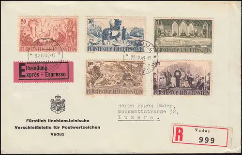 Liechtenstein 202-206 division territoriale 1342 taux sur Eil-R-FDC VADUZ 22.4.1942