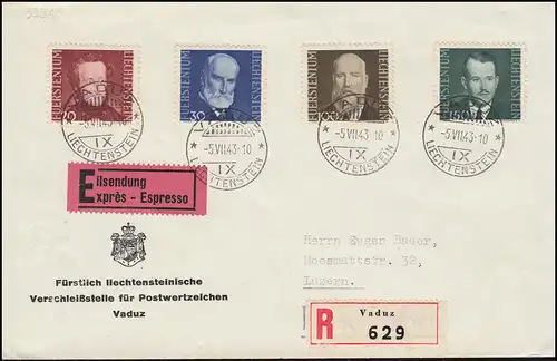 214-217 Fürsten von Liechtestein Satz auf  Eil-R-FDC ESSt VADUZ 5.7.1943