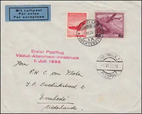 Liechtenstein Premier vol postal Vaduz-Altenrhein-Innsbruck 1.7.35 cf. 145+148