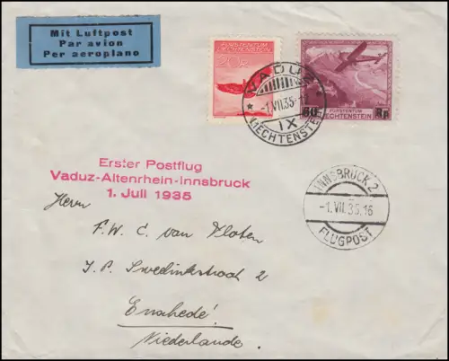 Liechtenstein Premier vol postal Vaduz-Altenrhein-Innsbruck 1.7.35 cf. 145+148