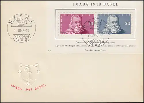 Schweiz Block 13 Ausstellung IMABA 1948 auf Schmuck-FDC ESSt BASEL 21.8.48