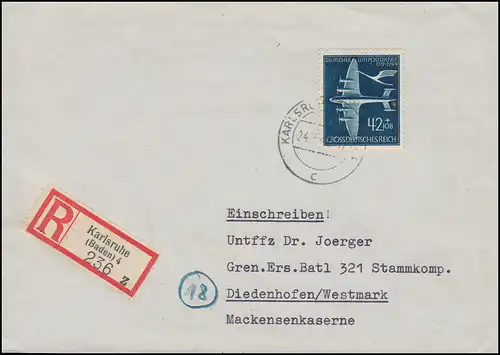 868 Luftpostdienst 42 Pf. als EF auf R-Brief KARLSRUHE 24.3.44 nach Diedenhofen