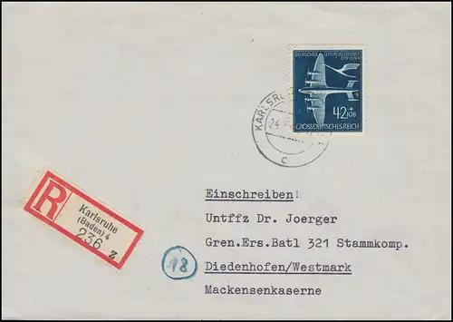 868 Service postal 42 p. en tant qu'EF sur lettre R KARLSRUHE 24.3.44 vers Diedenhofen