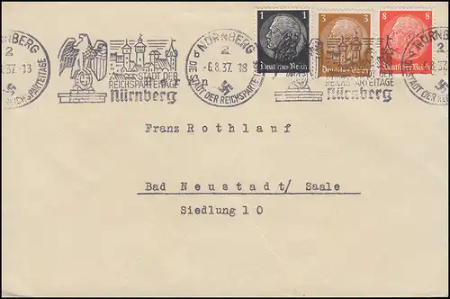 512+513+527 Hindenburg-MiF auf Brief Werbe-O NÜRNBERG Reichsparteitage 6.8.37