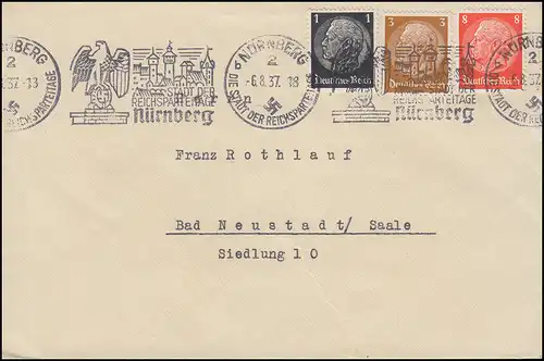 512+513+527 Hindenburg-MiF sur lettre Publicité-O NÜRNBERG Parti du Reich 6.8.37