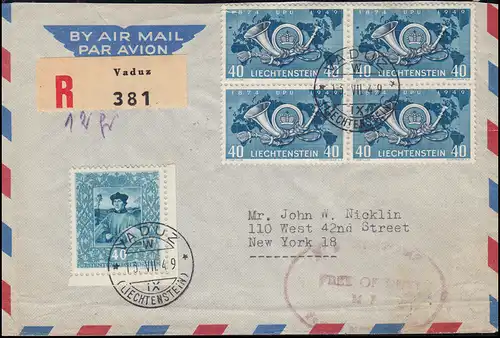 Liechtenstein 277 Association postale mondiale en quadruple avec 271 R-Lettre VADUZ 13.7.1949