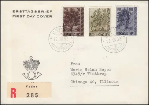 Liechtenstein 371-373 arbres et arbustes 1958, ensemble sur USA-R-FDC VADUZ 12.8.58