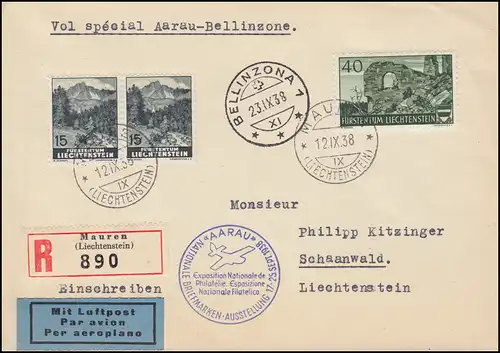 Vol spécial Aarau-Bellinzona Exposition des timbres Aaraur R-Lettre MAUREN 12.9.38