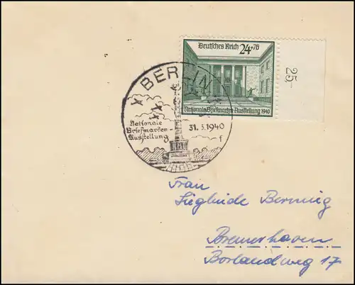 743 Briefmarkenausstellung NBA 1940 mit Rand auf Brief SSt BERLIN 31.3.1940 